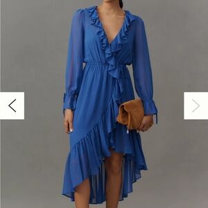 Anthropologie Long-Sleeve Ruffled Asymmetric Midi Dress, XS